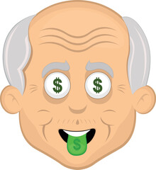 vector illustration face grandfather or old man cartoon, with the dollar symbol in the eyes and tongue