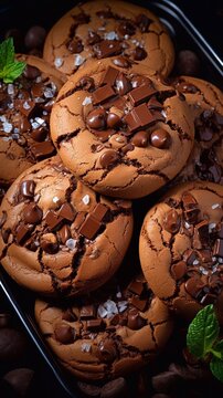 Freshly baked chocolate cookies with chocolate drops in iron tray on christmas background. Top wiew. AI generated