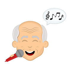 Fototapeta na wymiar vector illustration face grandfather or old man cartoon, singing with a microphone in hand, a diaologo bubble and musical notes