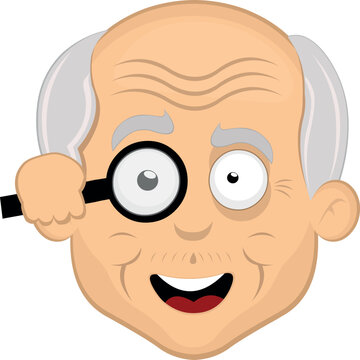 vector illustration face grandfather or old cartoon, observing with a magnifying glass