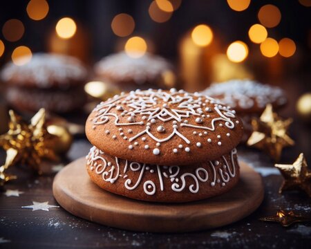 Baked Gingerbread Cookie on Christmass tree party  background. Christmas traditional cookies. AI generated
