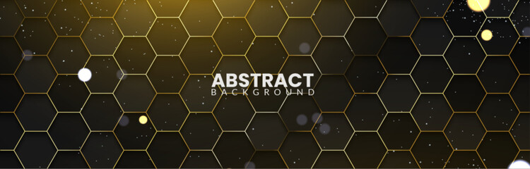 Abstract technology design on a dark polygonal background. Futuristic and luxurious hexagonal texture in gold color