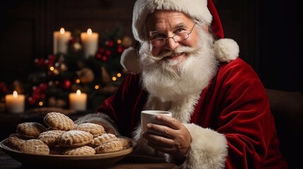 Portrait of Santa Claus holding cocoa glass and_cookies on Christmas background