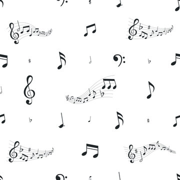Seamless Pattern with Music Sounds Waves, Musical Notes, Treble Or Bass Clef, Flat Signs On Curvy Stave. Melody Swirl