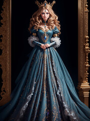 Princess Mombi  Lady Witch big eyes blonde curly hair with crown long blue dress severe gaze