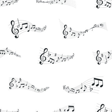 Seamless Pattern With Music Waves, Musical Notes, Bass And Treble Clef Signs On Stave. Melody Swirls Monochrome
