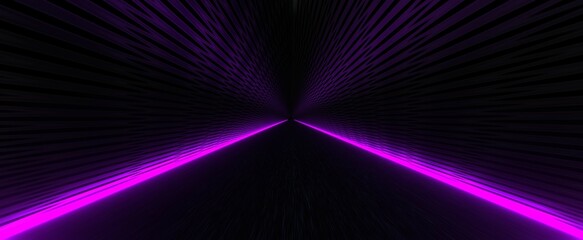 Obraz premium Techno tunnel with purple lights background. Darl neon cyber corridor with 3d render straight highway futuristic design and violet glowing led lines