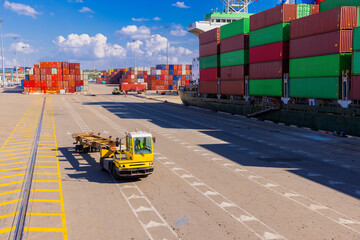 Cargo Truck and Cargo Ship in Port facilities, Container terminal in Ashdod, Israel