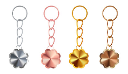 A set of copper or bronze, gold or brass, silver or steel, pink gold keychains in the shape of a flower. Metal key holders isolated on white background. Realistic vector illustration.