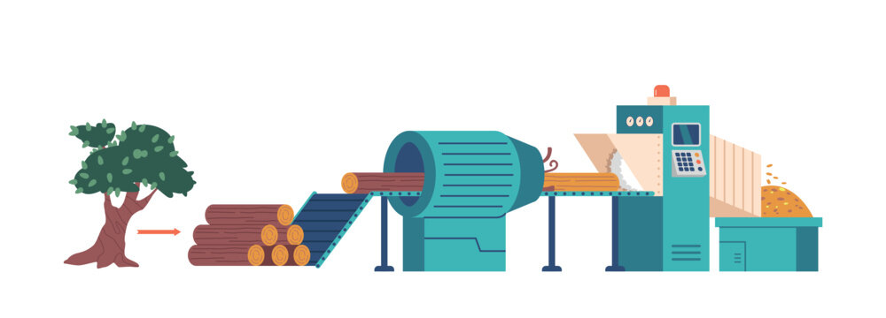 Paper Industry, Wood Processing And Cellulose Production Factory. Cutting Wood, Debarking Logs, And Grinding