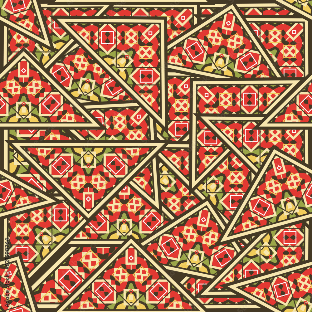 Aufkleber seamless pattern of many randomly arranged ornamented triangles. vector illustration