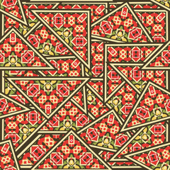 Seamless pattern of many randomly arranged ornamented triangles. Vector illustration
