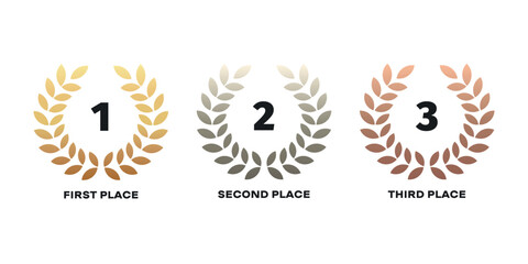 Laurel wreath of victory icon, set of gold, silver and bronze medals. Vector.