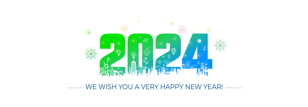 2024 new year creative concept. Futuristic green eco City skyline and technology. Innovative business and science creative concept design.