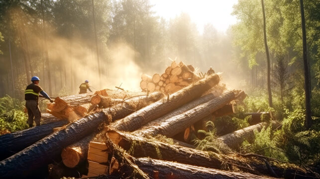 Loggers near cut and felled tree trunks in the foreground. Environmental consequences of deforestation-carbon emissions, and climate change exacerbation. Environmental Impact concept. Banner