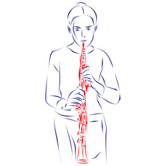 Continuous line drawing of a young woman playing the oboe, isolated on white. Hand drawn, vector illustration