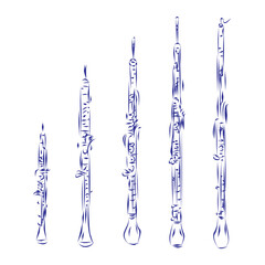 Continuous line drawing of the oboe family of instruments, isolated on white. Hand drawn, vector illustration