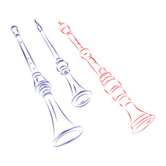 Continuous line drawing of three types of shawm, the ancestor of oboe, isolated on white. Hand drawn, vector illustration