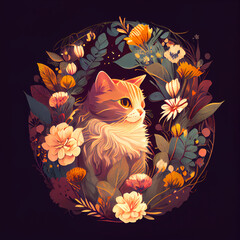 The head of a cat in a round flower wreath. Cute kind autumn digital illustration on a dark background created by AI.