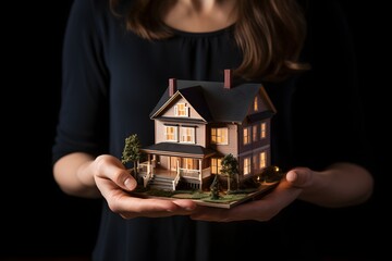 Young woman with hand holding house with moving parts Generative AI