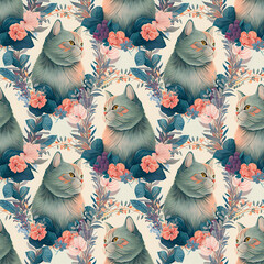 Cute cats and flower wreaths on a white background. AI-generated seamless pattern. Pets and flowers.