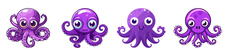 Purple cartoon octopus set. Vector illustration.