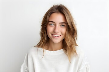 Happy young woman on a white wall isolated over white background Generative AI