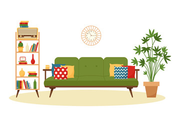 Vintage living room interior with sofa and shelf. Retro furniture set in 60s style. Flat vector illustration