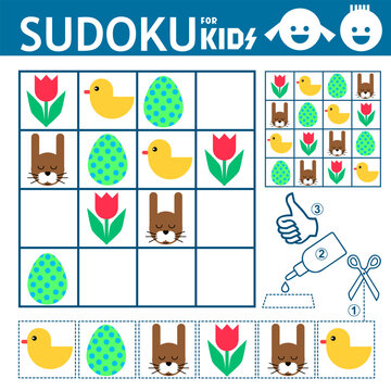 Sudoku for kids. Game with duck, tulip, egg, rabbit shapes pictures. Easter. Puzzle game for children. Activity sheet. Education developing worksheet. Training logic, activity page. 