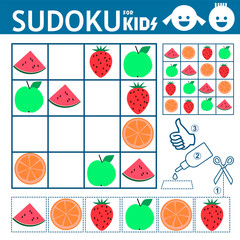 Sudoku for kids. Game with orange, strawberry, watermelon, apple shapes pictures. Fruit. Food. Puzzle game for children. Activity sheet. Education developing worksheet. Training logic, activity page. 