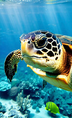 Fototapeta premium Portrait of sea turtle aquatic animal swimming near the surface of the ocean water. Wildlife underwater animals concept.Generative AI
