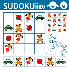 Sudoku for kids. Game with car, doll, bear, whirligig toy shapes pictures. Puzzle game for children. Activity sheet. Education developing worksheet. Training logic, activity page. 