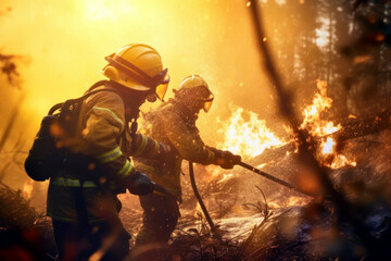 Brave firefighters on the front lines, working as a team to suppress the wildfire,addressing the immediate ecological crisis and striving to prevent further damage to vulnerable ecosystems. Copy space - obrazy, fototapety, plakaty