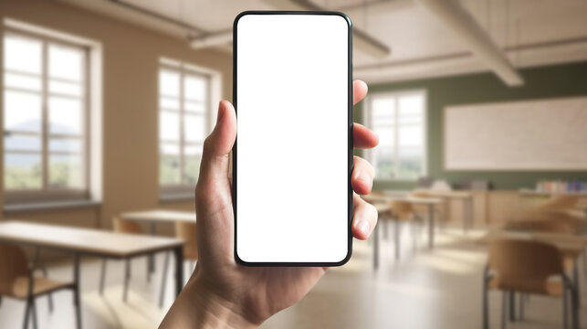 School education, online teaching app, phone with blank screen with copy space, classroom on background