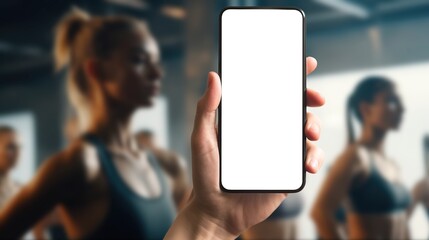 Hand holding smartphone with fitness app mockup, online workout training concept, modern mobile technology for remote gym exercise