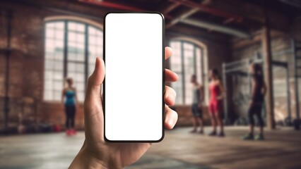 Hand holding smartphone with fitness app mockup, online workout training concept, modern mobile technology for remote gym exercise