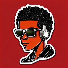 Cartoon sticker of happy african man with afro hair, listening to music, modern colorful doodle of black guy in sunglasses and headphones