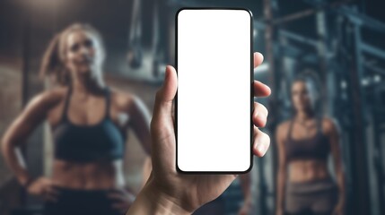 Hand holding phone with fitness app mockup, online workout training concept, modern mobile technology for remote gym exercise