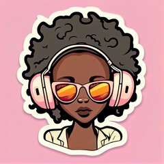 Cartoon sticker of happy african girl with afro hair, listening to music, modern colorful doodle of woman in sunglasses and headphones
