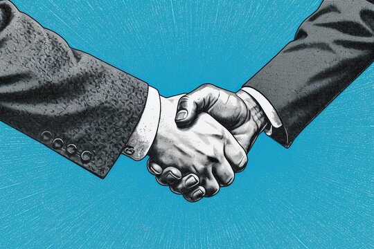 Business partnership handshake illustration, trust and cooperation, bright and colorful drawing of deal agreement