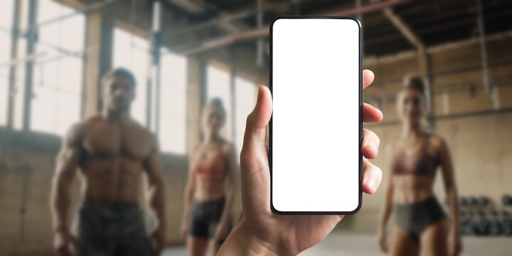 Hand holding smartphone with fitness app mockup, online workout training concept, modern mobile technology for remote gym exercise