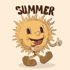 walking sun eat ice cream. funky summer sun mascot vintage illustration