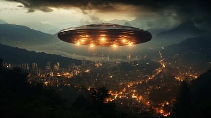 Alien invasion, flying saucer in the sky above city, concept of evidence and sighting UFO