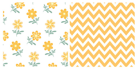 Set of seamless of hand drawn wild doodle flowers and chevron on isolated background. Design for mother’s day, Easter, springtime, summertime celebration, scrapbooking, home decor, paper craft.