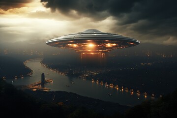 Fototapeta na wymiar Alien invasion, flying saucer in the sky above city, concept of evidence and sighting UFO