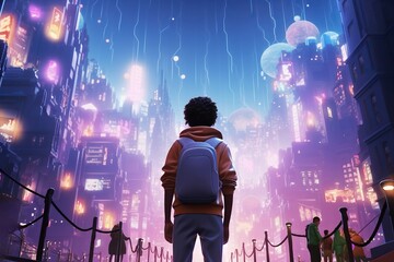 Teenage boy 3d avatar exploring neon metaverse city in virtual reality video game, modern futuristic gaming technology