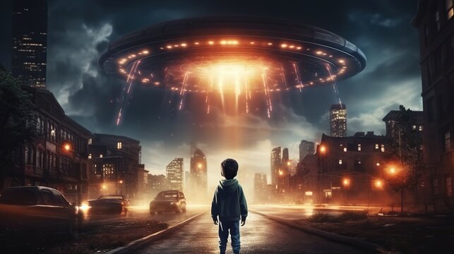 Back view of little boy looking at alien invasion, flying saucer in the sky above city, concept of evidence and sighting UFO