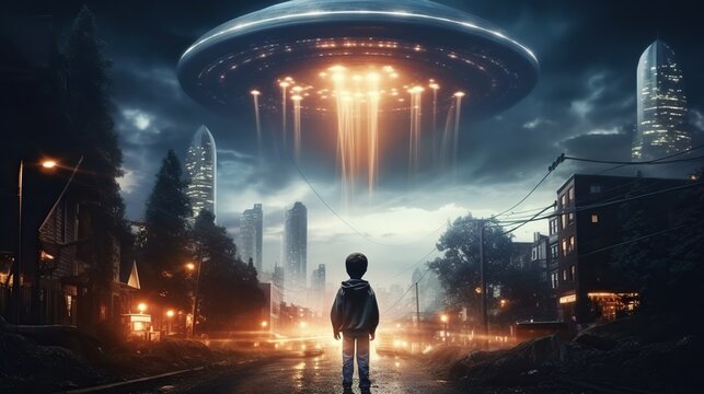 Back view of little boy looking at alien invasion, flying saucer in the sky above city, concept of evidence and sighting UFO