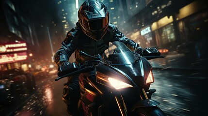 Motorcycle chase, epic scene from action movie, hero on motorbike escapes from the police