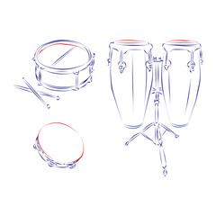 Continuous line drawing of a group of percussion instruments: drum, tambourine, conga set, isolated on white. Hand drawn, vector illustration